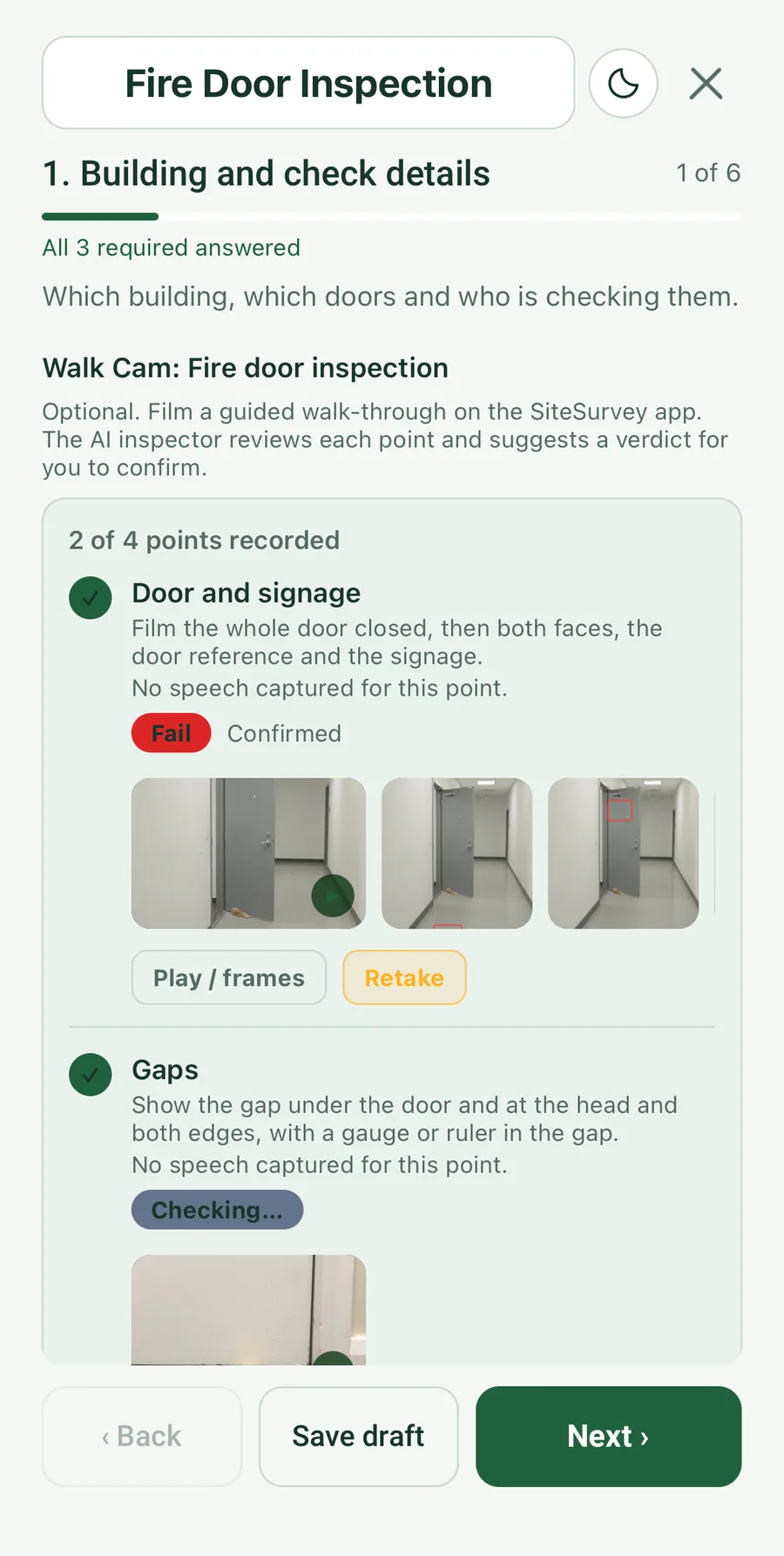 The Fire Door Inspection form on the phone with the Walk Cam card showing 2 of 4 points recorded: Door and signage with a red Fail chip marked Confirmed and three stills, one with a red box, then Gaps showing a Checking chip