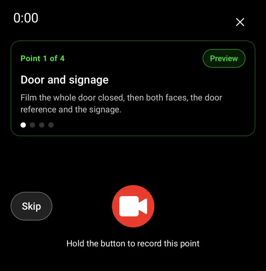 Walk Cam point card reading Point 1 of 4, Door and signage, with the prompt to film the whole door closed, both faces, the door reference and the signage, and a red record button with Hold the button to record this point