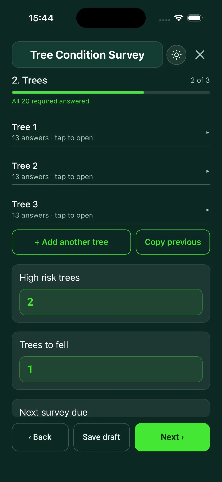 The app showing three trees with High risk trees 2 and Trees to fell 1