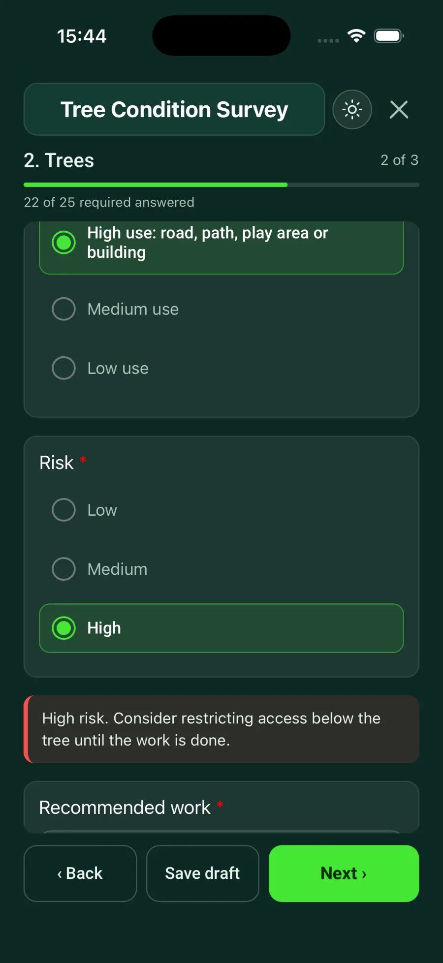 The app with Risk set to High on a new tree and a red note: High risk. Consider restricting access below the tree until the work is done