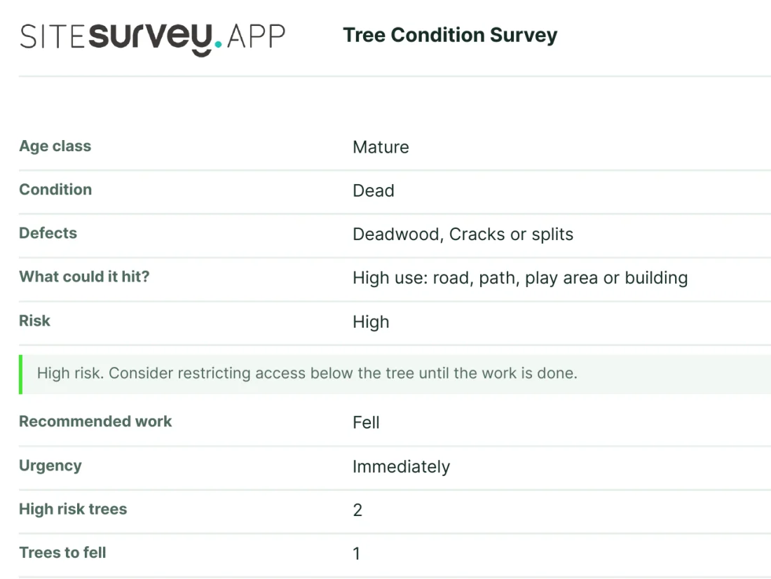 A page of the Tree Condition Survey report: Tree 3 rated High with the guidance note, then High risk trees 2 and Trees to fell 1