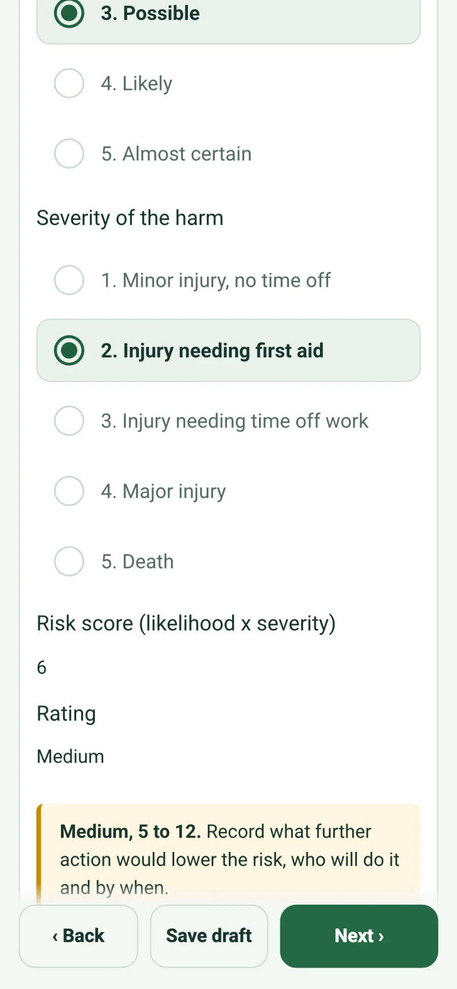 A Risk Assessment on a phone browser: likelihood 3 Possible, severity 2 Injury needing first aid, risk score 6 and rating Medium with guidance