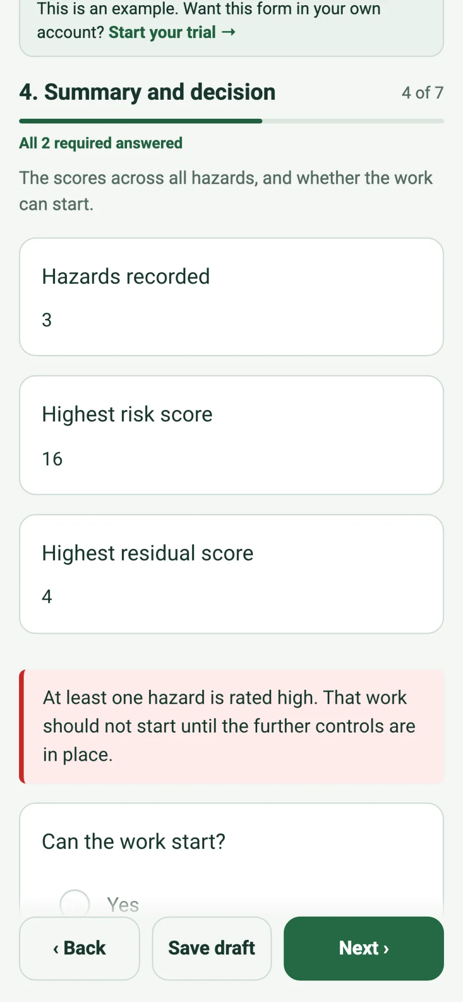 Risk Assessment summary page: Hazards recorded 3, Highest risk score 16, Highest residual score 4, and a warning that at least one hazard is rated high