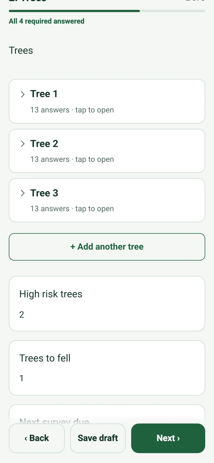 Tree Condition Survey on a phone browser with High risk trees 2 and Trees to fell 1