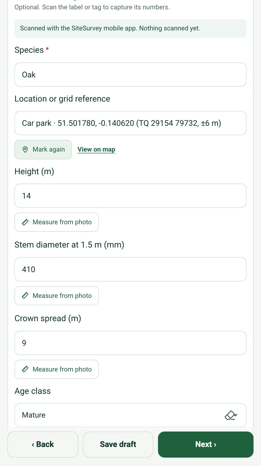 The field now reading Car park · 51.501780, -0.140620 (TQ 29154 79732, ±6 m), with Mark again and View on map