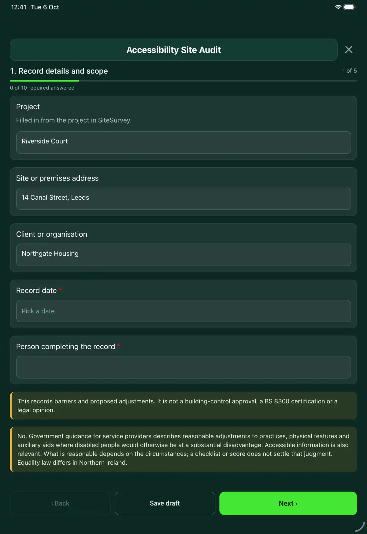 The Accessibility Site Audit form in the SiteSurvey app on a tablet
