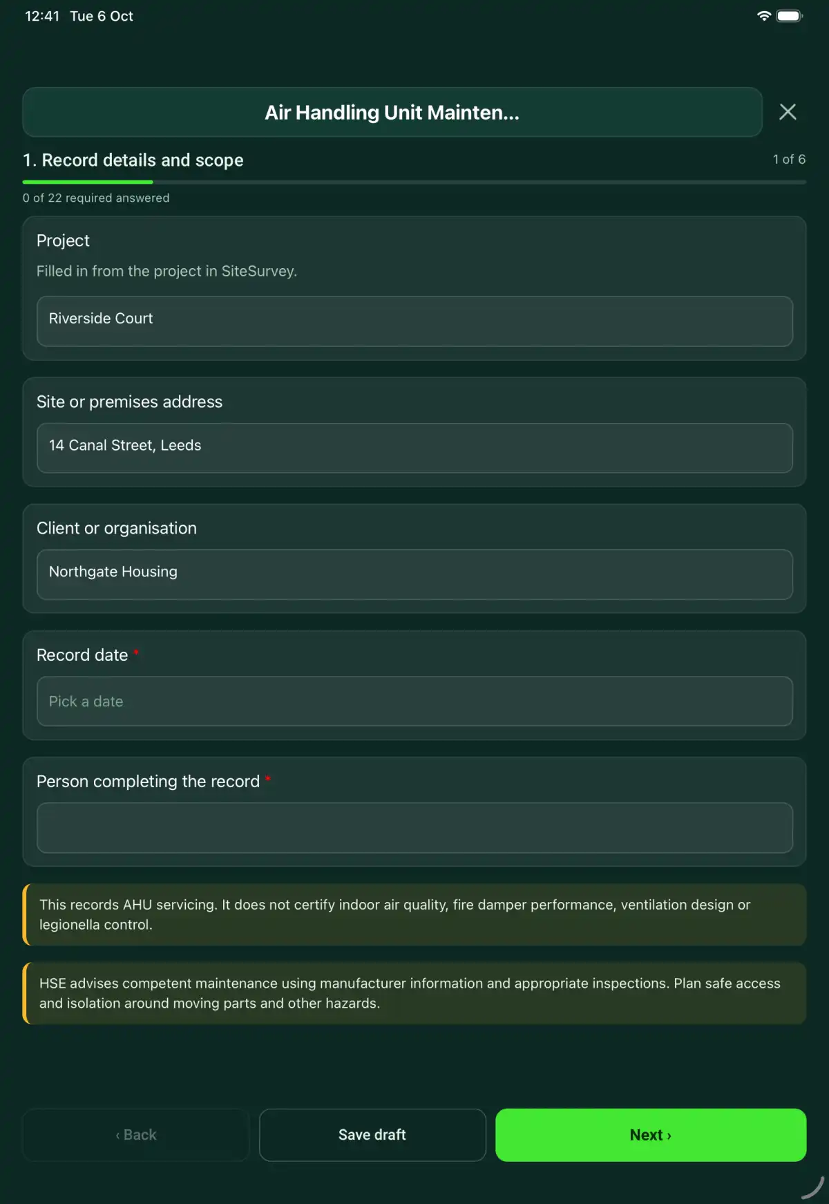 The Air Handling Unit Maintenance form in the SiteSurvey app on a tablet