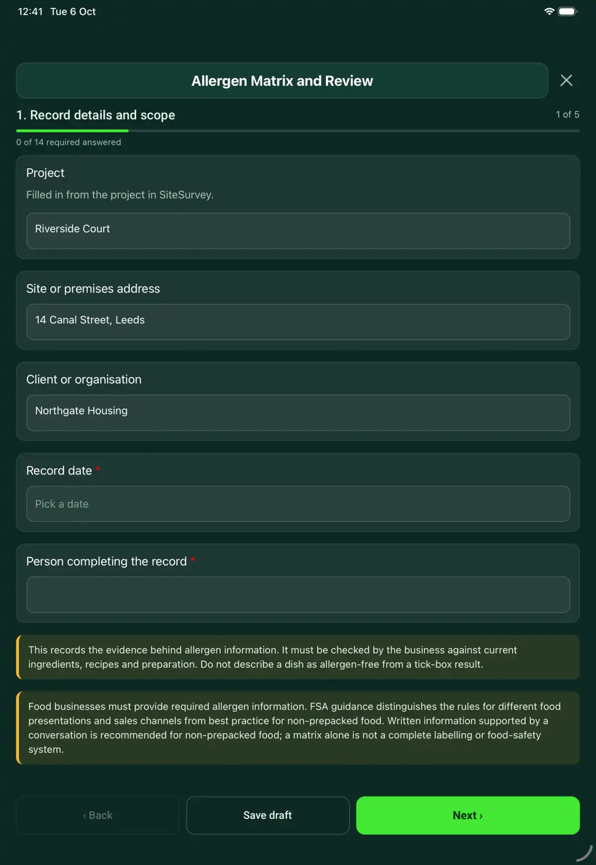 The Allergen Matrix and Review form in the SiteSurvey app on a tablet