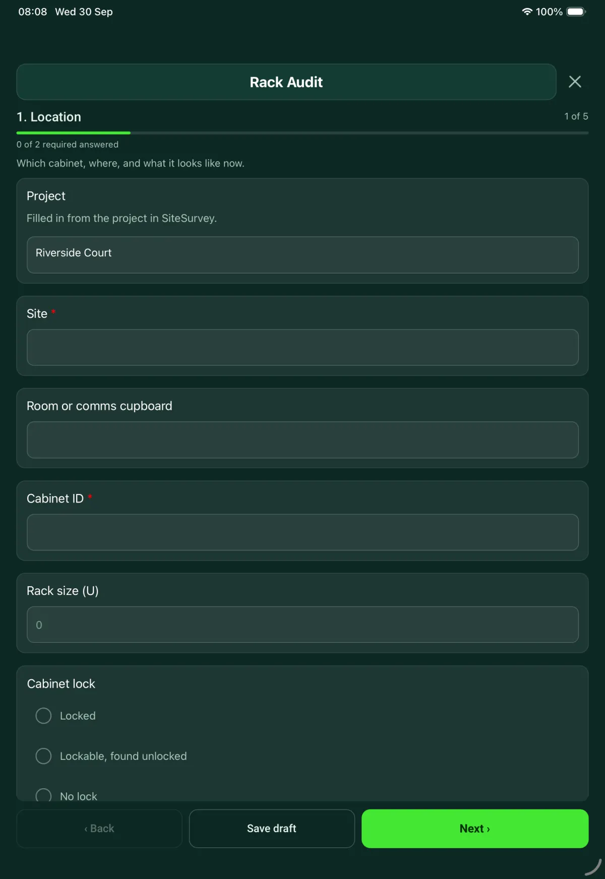 The AV Commissioning Record form in the SiteSurvey app on a tablet