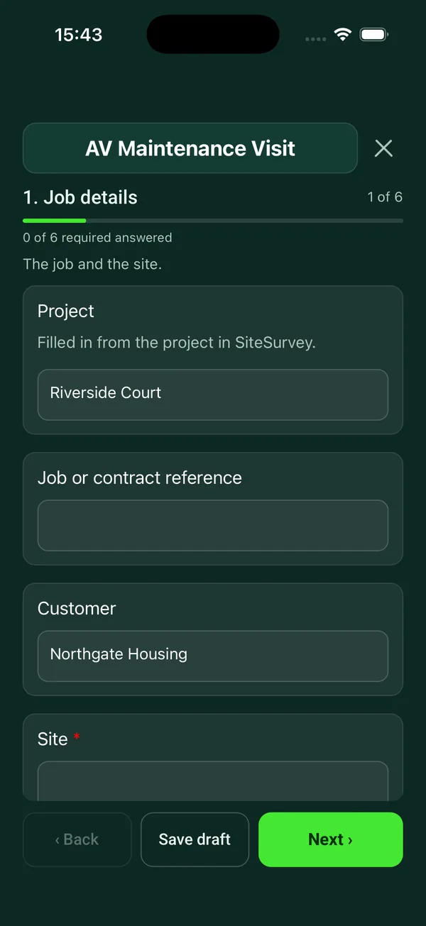 The AV Maintenance Visit form in the SiteSurvey app on a phone
