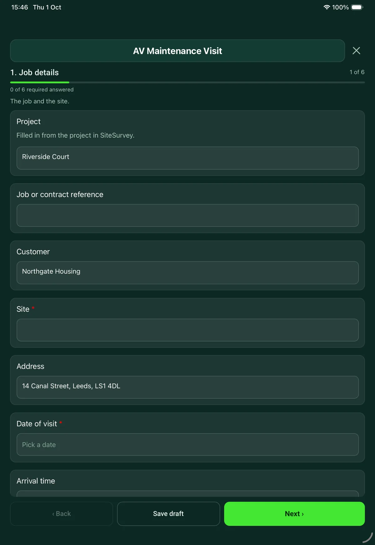 The AV Maintenance Visit form in the SiteSurvey app on a tablet