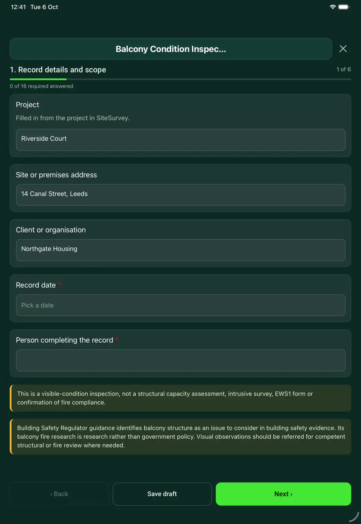 The Balcony Condition Inspection form in the SiteSurvey app on a tablet