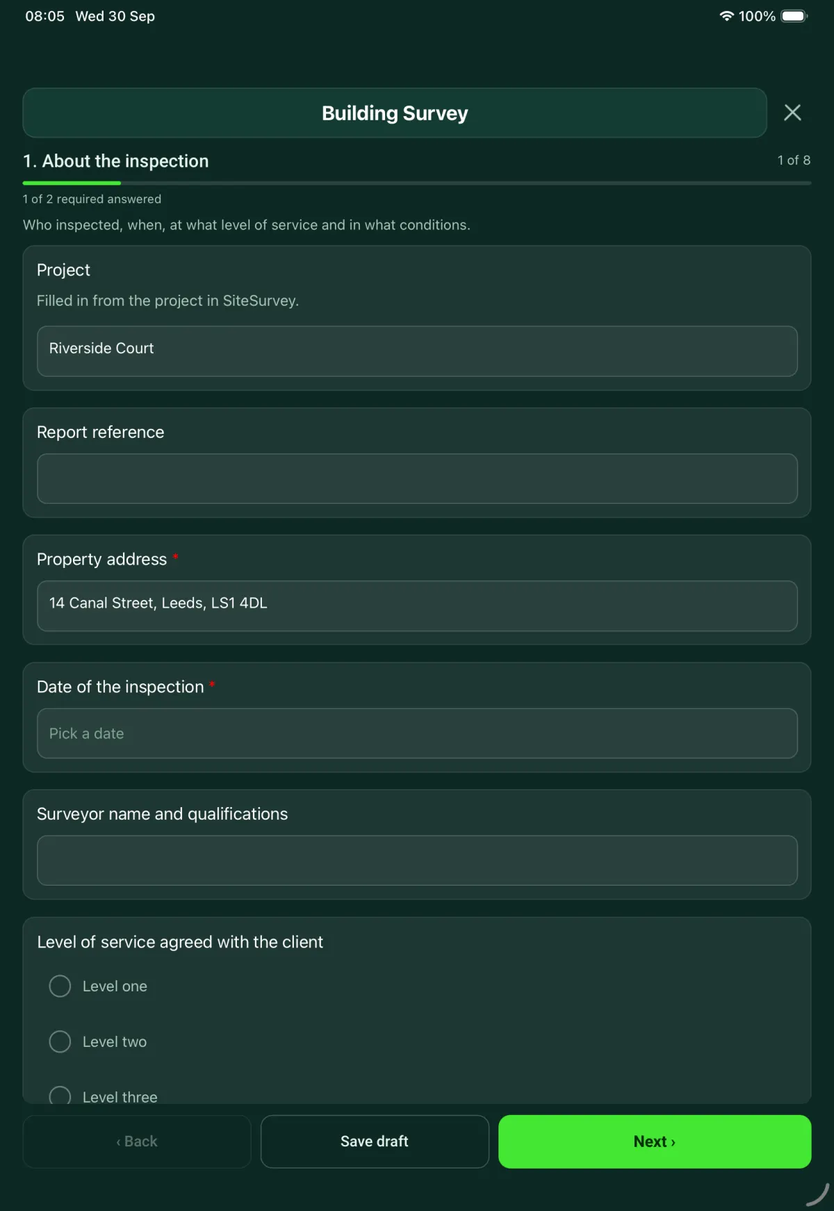 The Building Survey form in the SiteSurvey app on a tablet