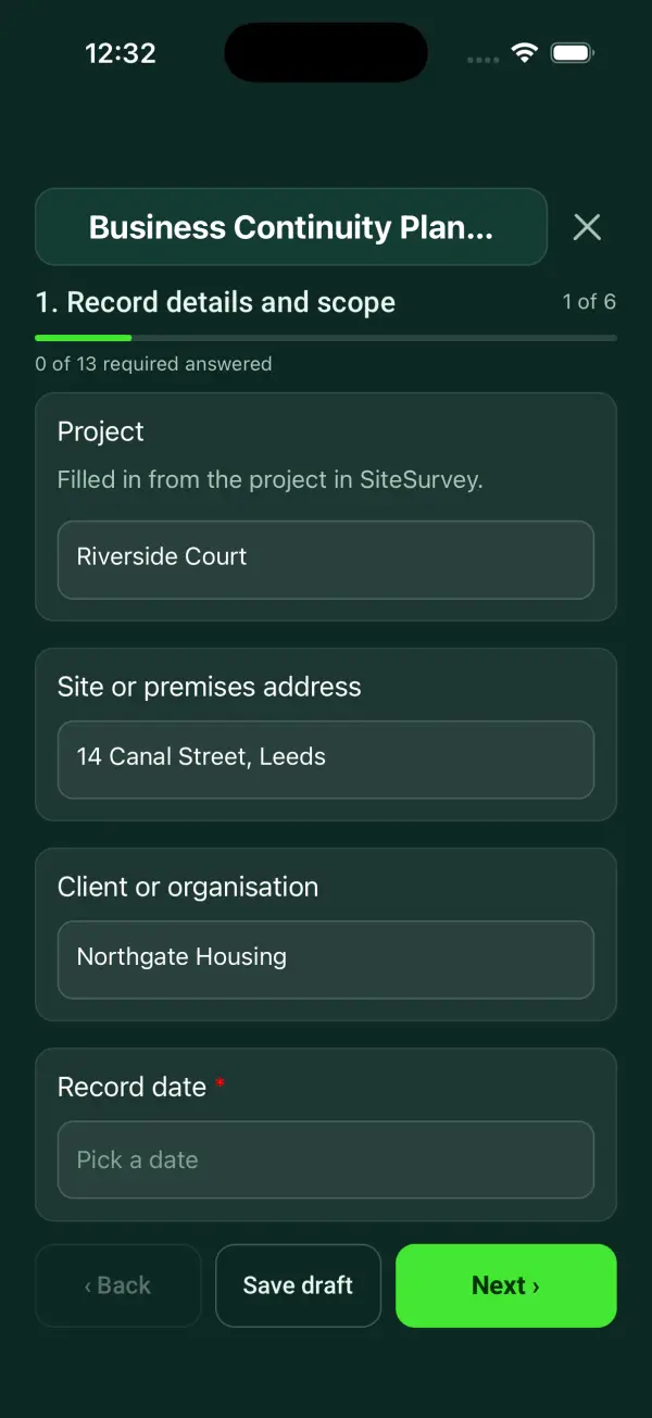 The Business Continuity Plan and Exercise form in the SiteSurvey app on a phone
