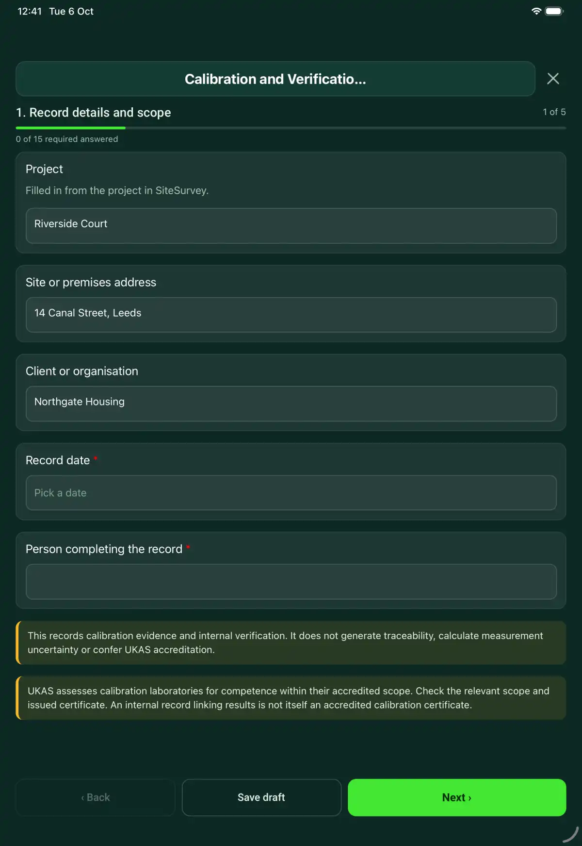 The Calibration and Verification Record form in the SiteSurvey app on a tablet