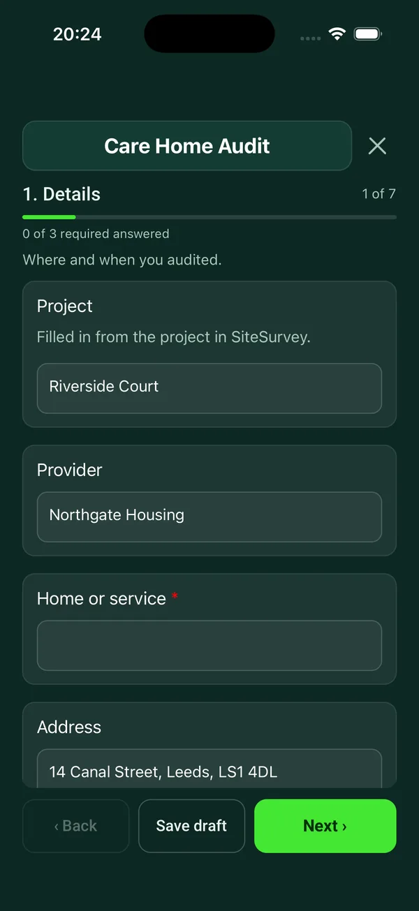 The Care Home Audit form in the SiteSurvey app on a phone