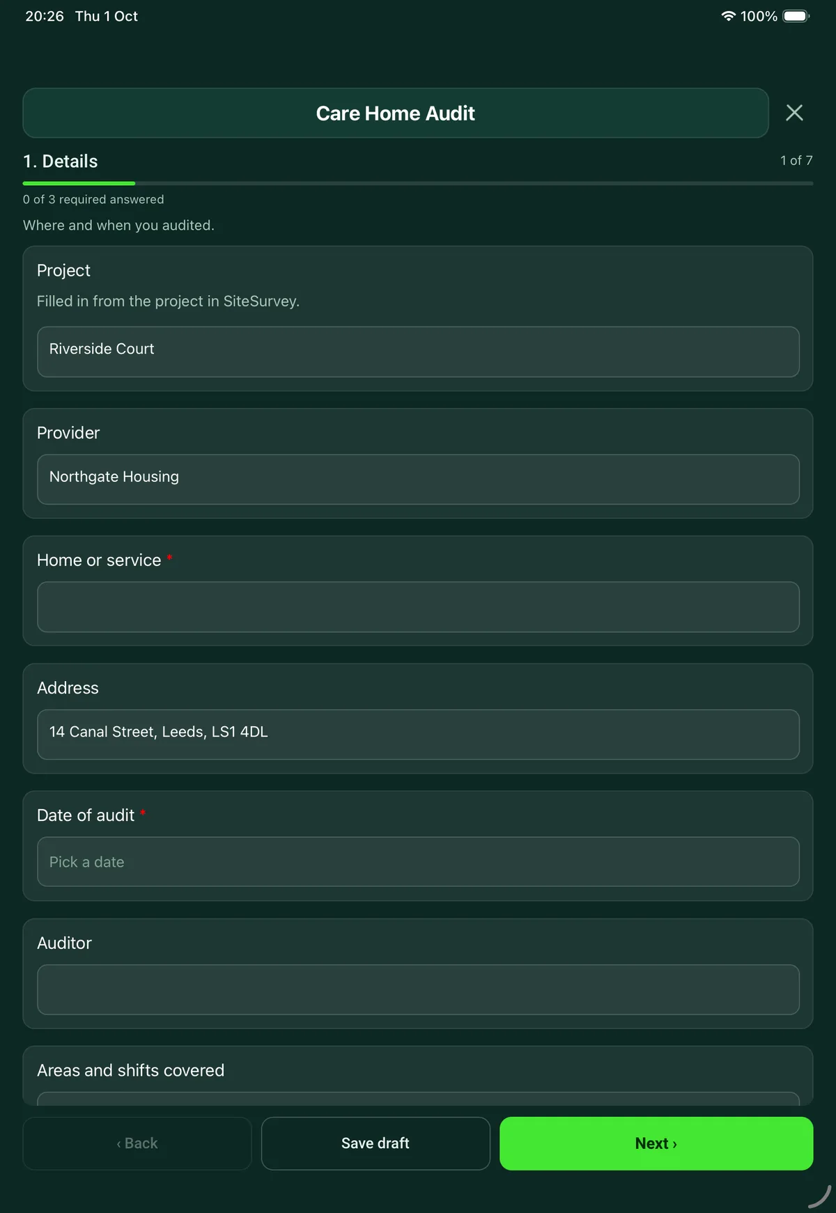 The Care Home Audit form in the SiteSurvey app on a tablet