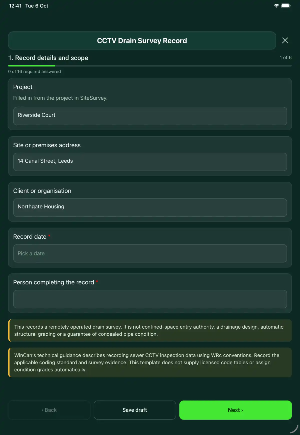 The CCTV Drain Survey Record form in the SiteSurvey app on a tablet