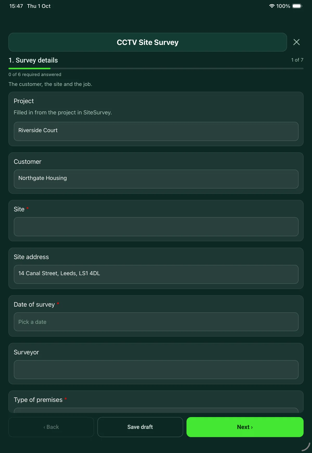 The CCTV Site Survey form in the SiteSurvey app on a tablet