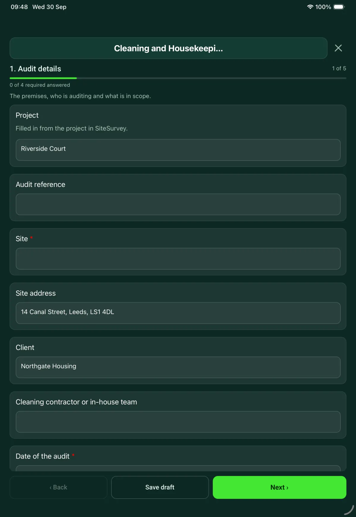 The Cleaning and Housekeeping Audit form in the SiteSurvey app on a tablet