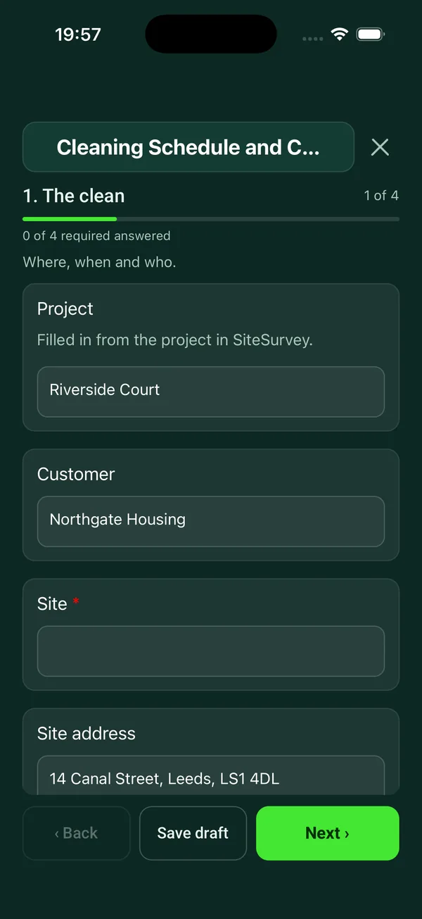 The Cleaning Schedule and Checklist form in the SiteSurvey app on a phone
