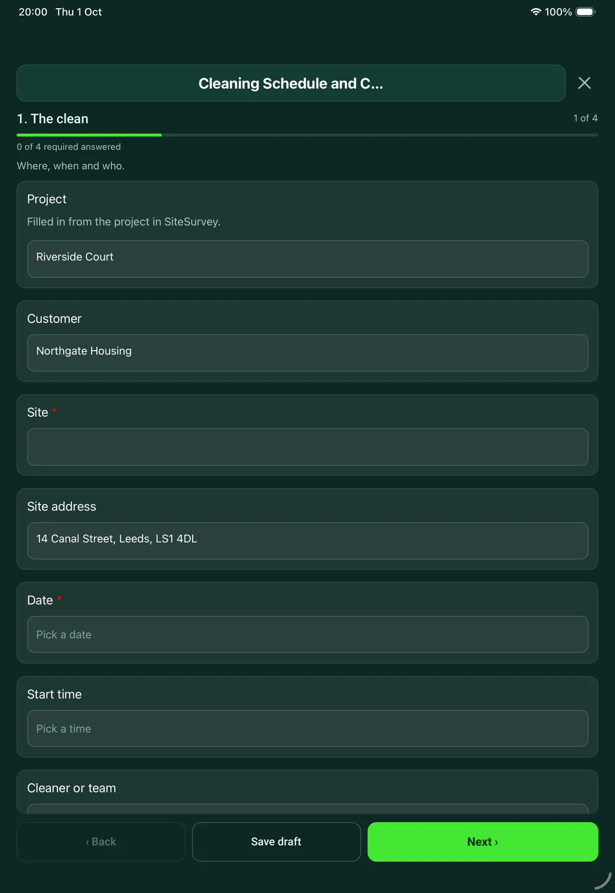 The Cleaning Schedule and Checklist form in the SiteSurvey app on a tablet