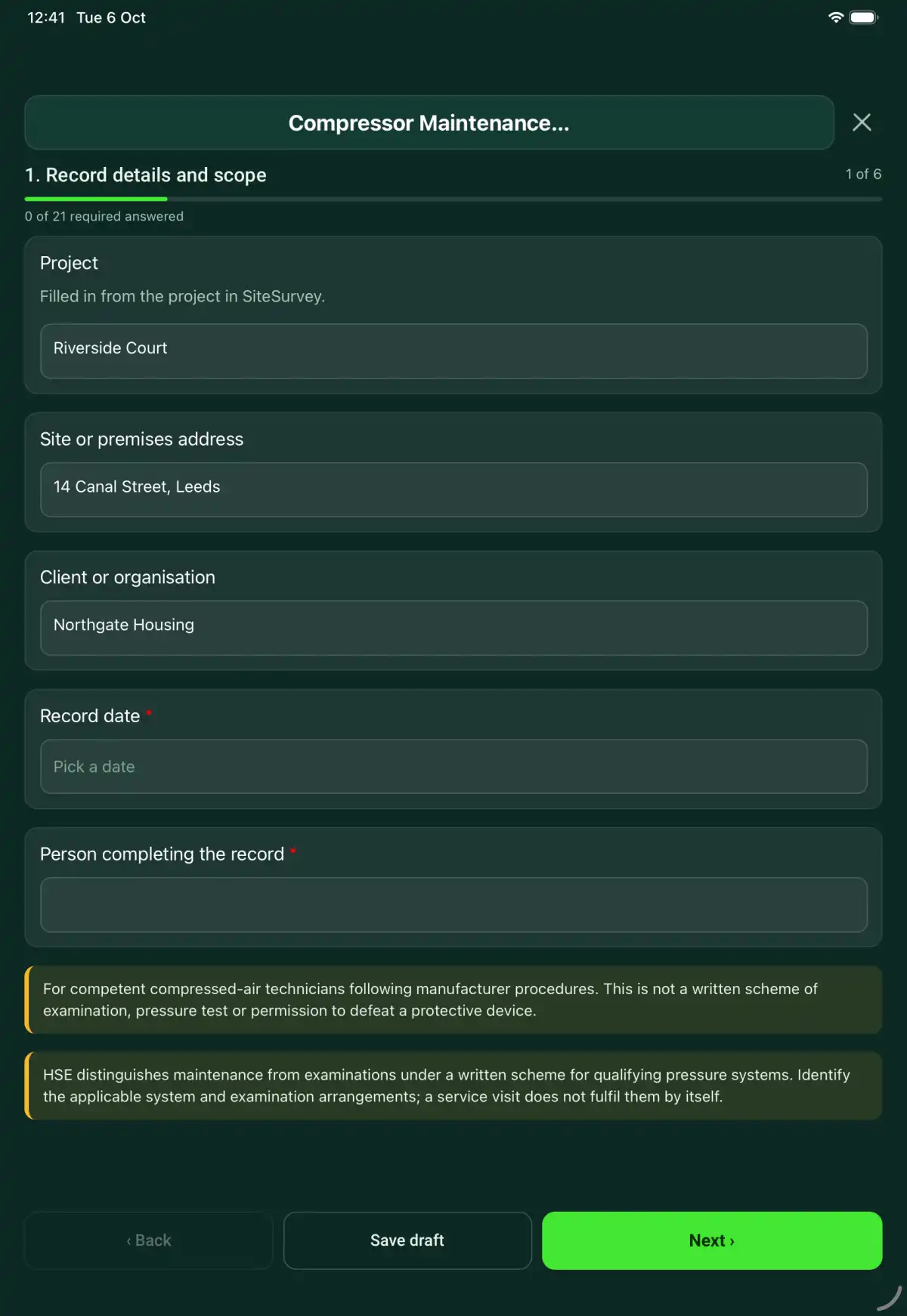 The Compressor Maintenance Visit form in the SiteSurvey app on a tablet