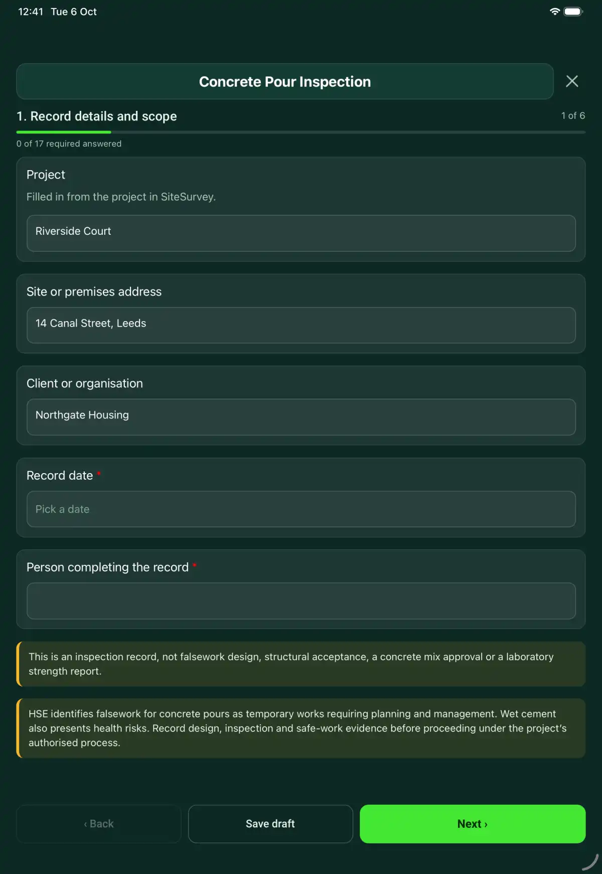 The Concrete Pour Inspection form in the SiteSurvey app on a tablet