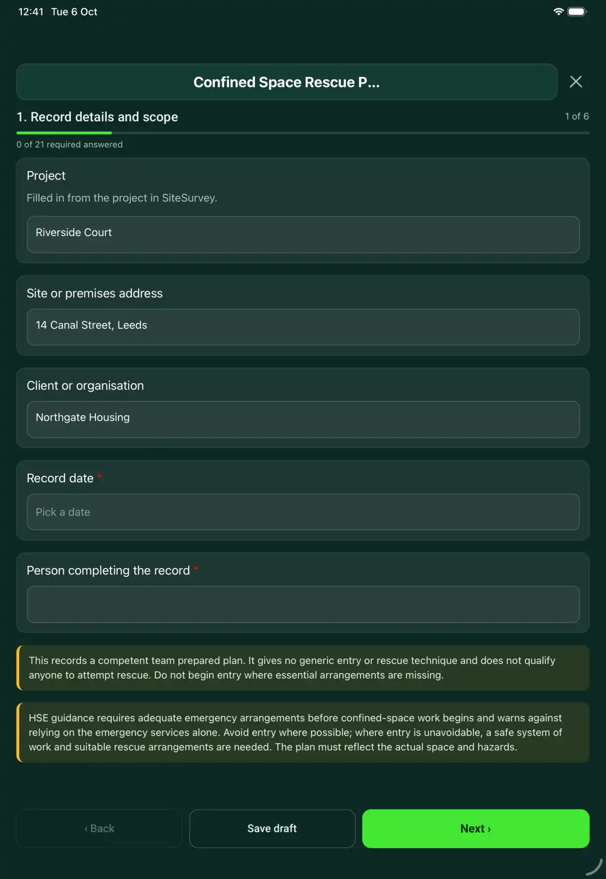 The Confined Space Rescue Plan form in the SiteSurvey app on a tablet