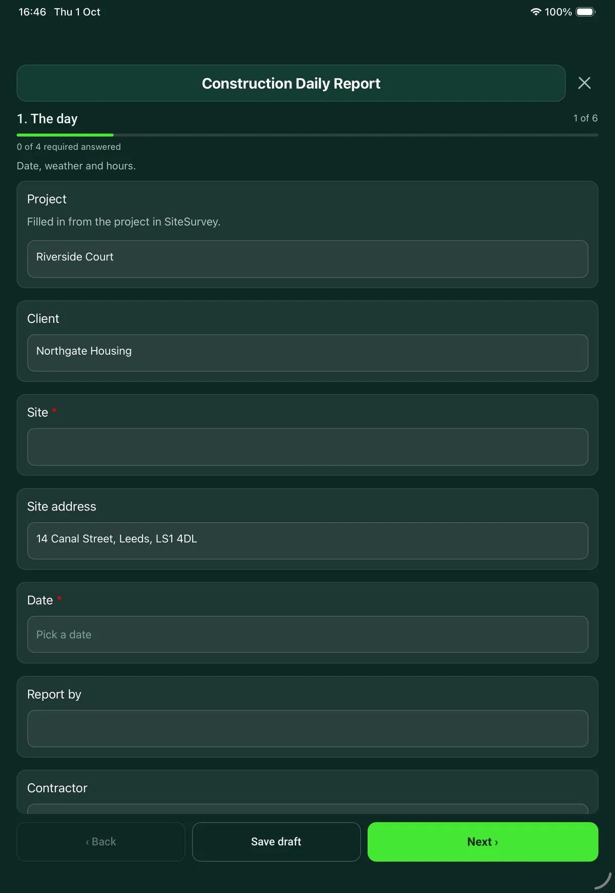 The Construction Daily Report form in the SiteSurvey app on a tablet