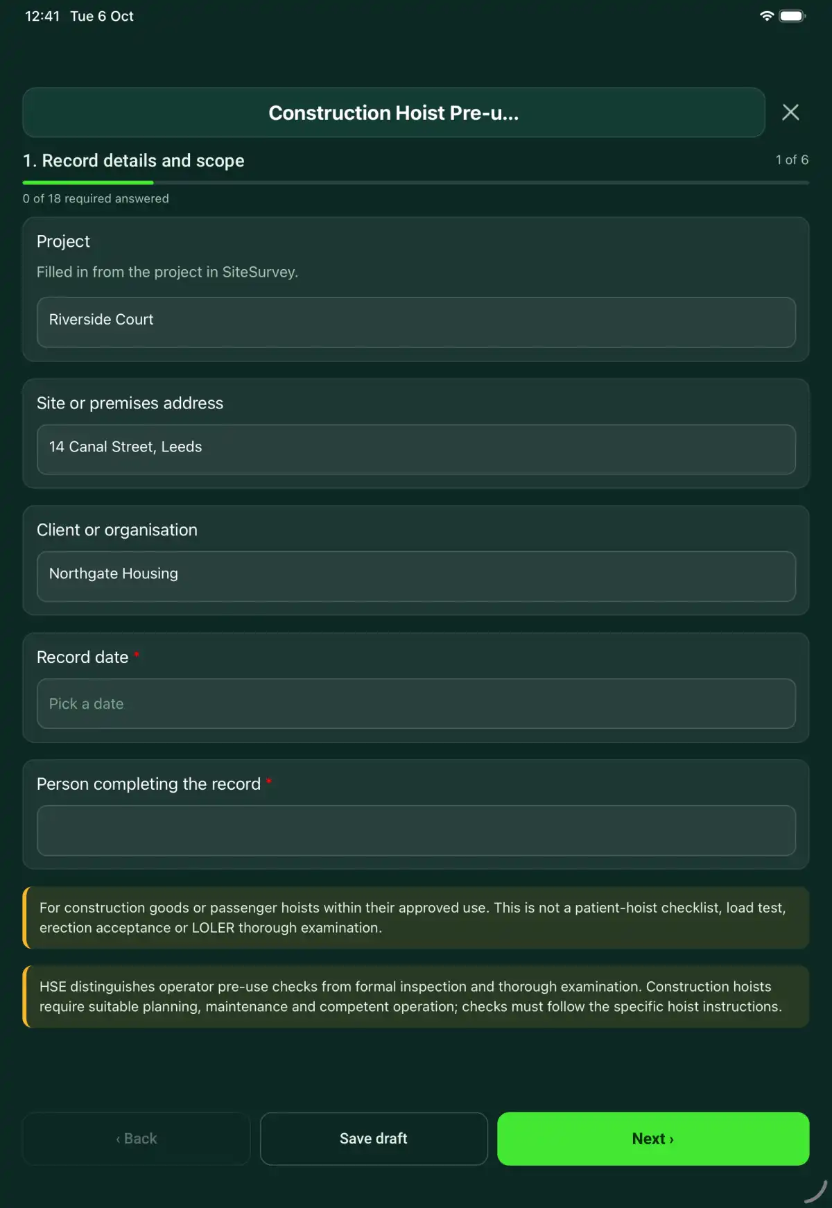 The Construction Hoist Pre-use Check form in the SiteSurvey app on a tablet