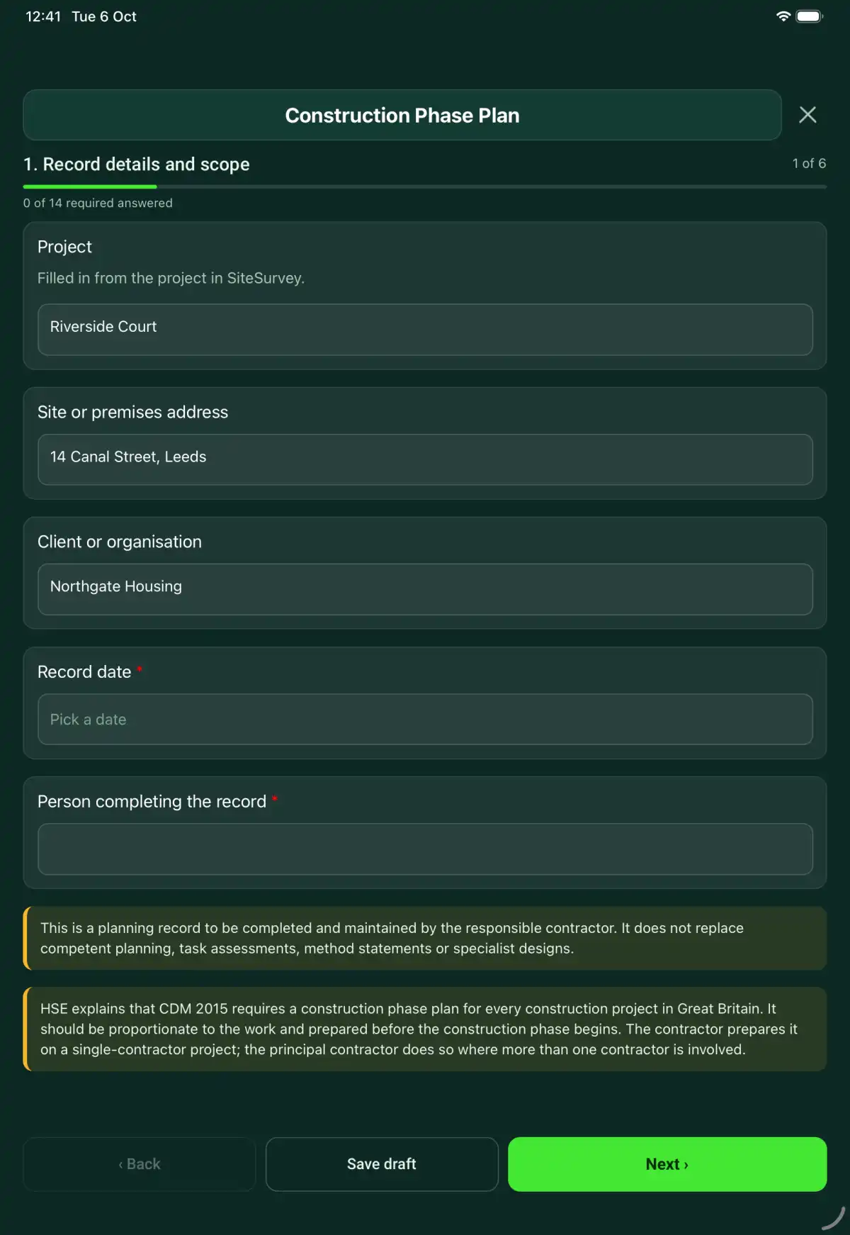 The Construction Phase Plan form in the SiteSurvey app on a tablet
