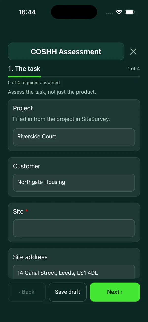 The COSHH Assessment form in the SiteSurvey app on a phone