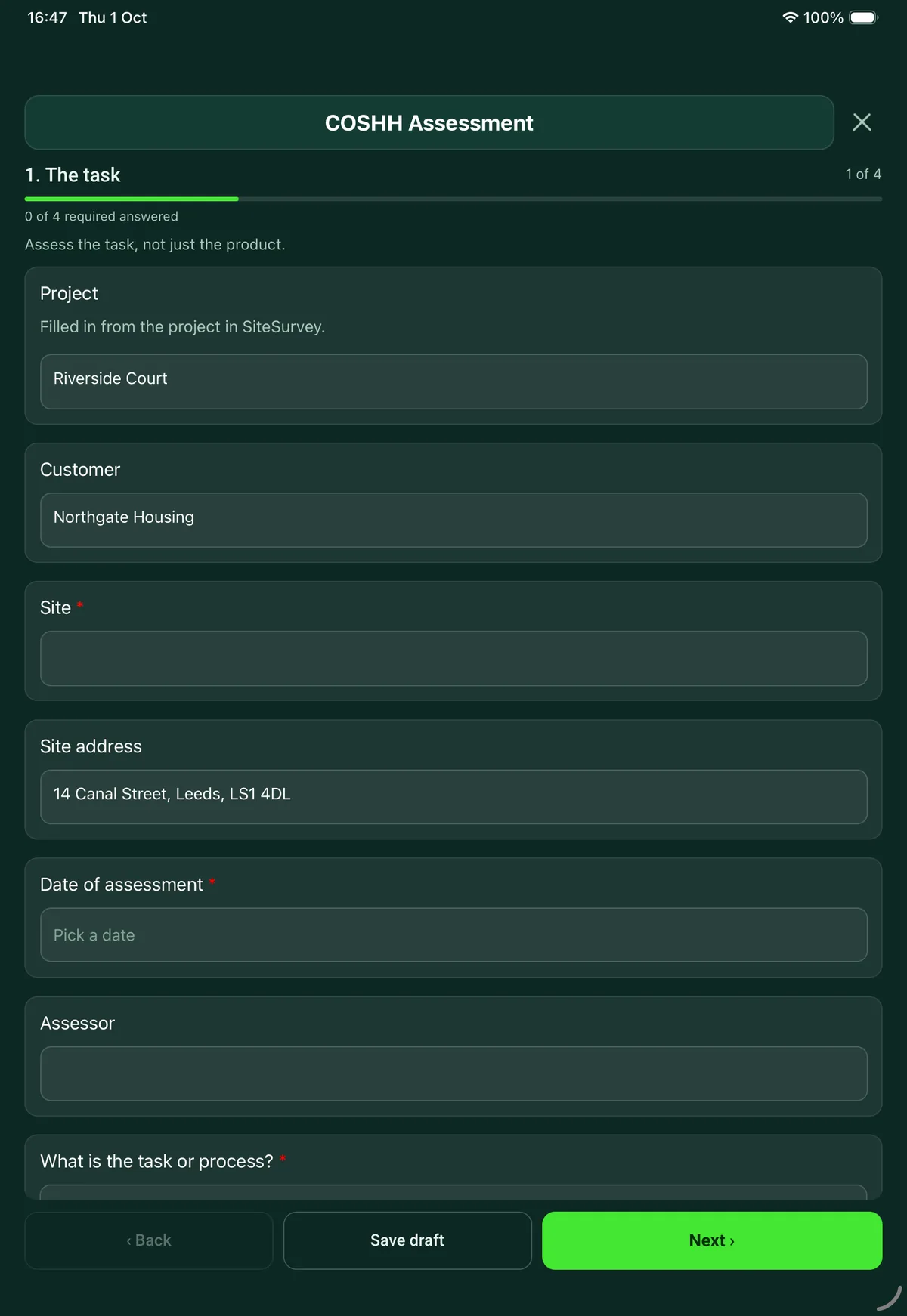 The COSHH Assessment form in the SiteSurvey app on a tablet