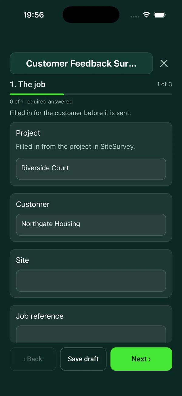 The Customer Feedback Survey form in the SiteSurvey app on a phone
