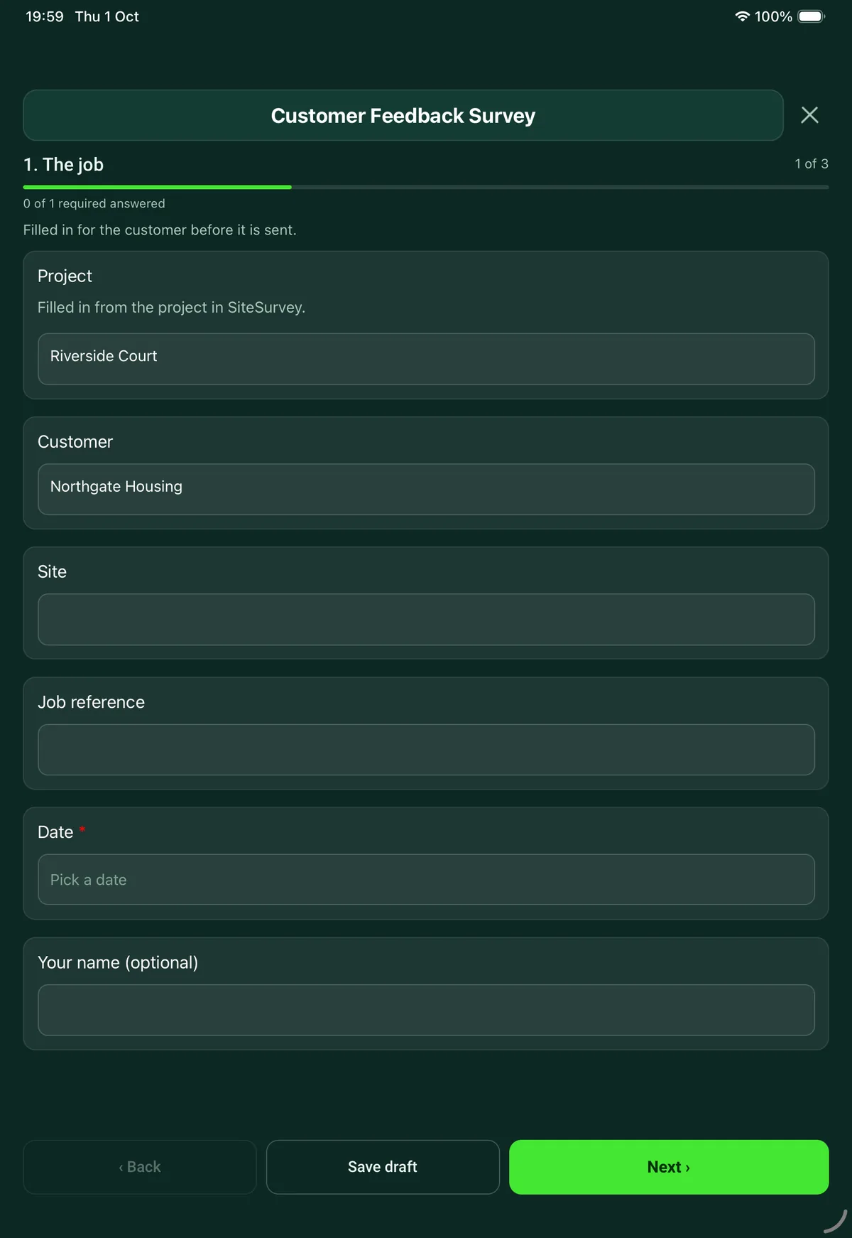 The Customer Feedback Survey form in the SiteSurvey app on a tablet