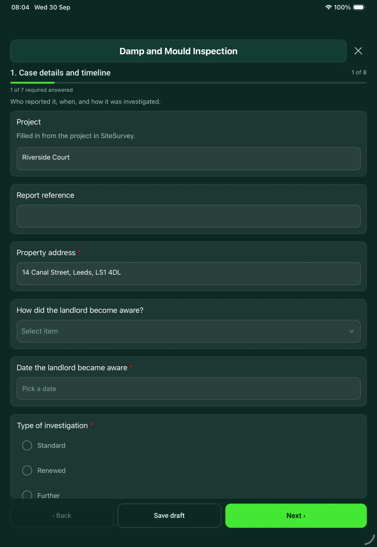 The Damp and Mould Inspection form in the SiteSurvey app on a tablet