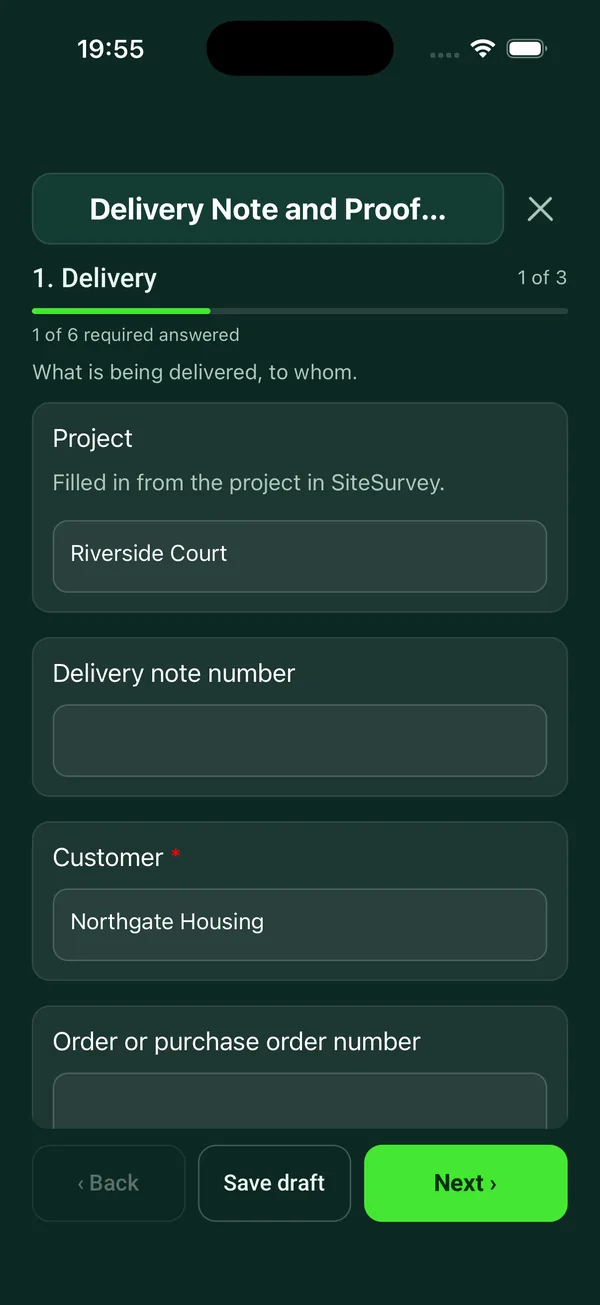 The Delivery Note and Proof of Delivery form in the SiteSurvey app on a phone