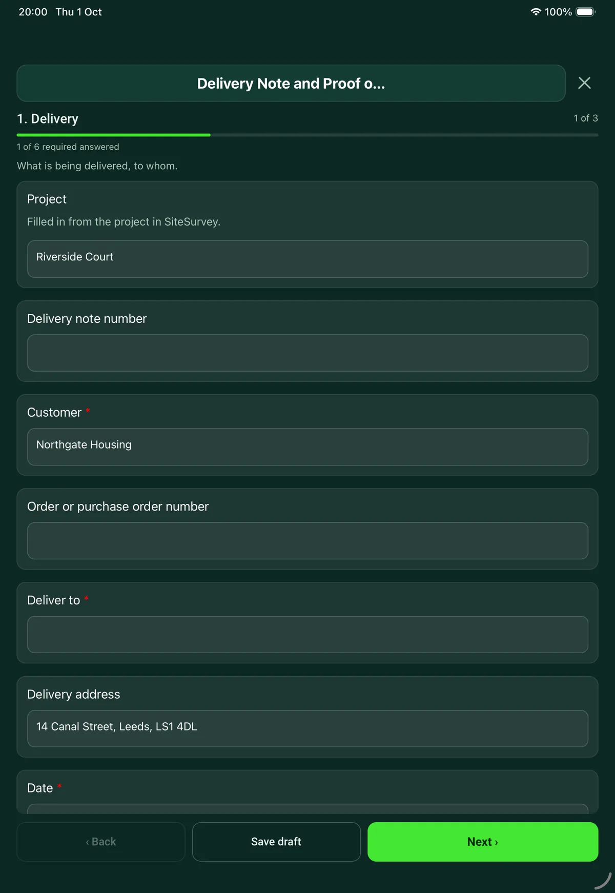 The Delivery Note and Proof of Delivery form in the SiteSurvey app on a tablet