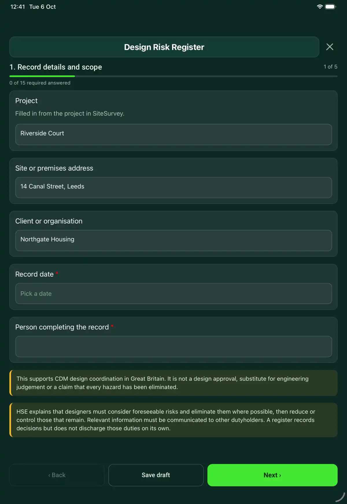 The Design Risk Register form in the SiteSurvey app on a tablet