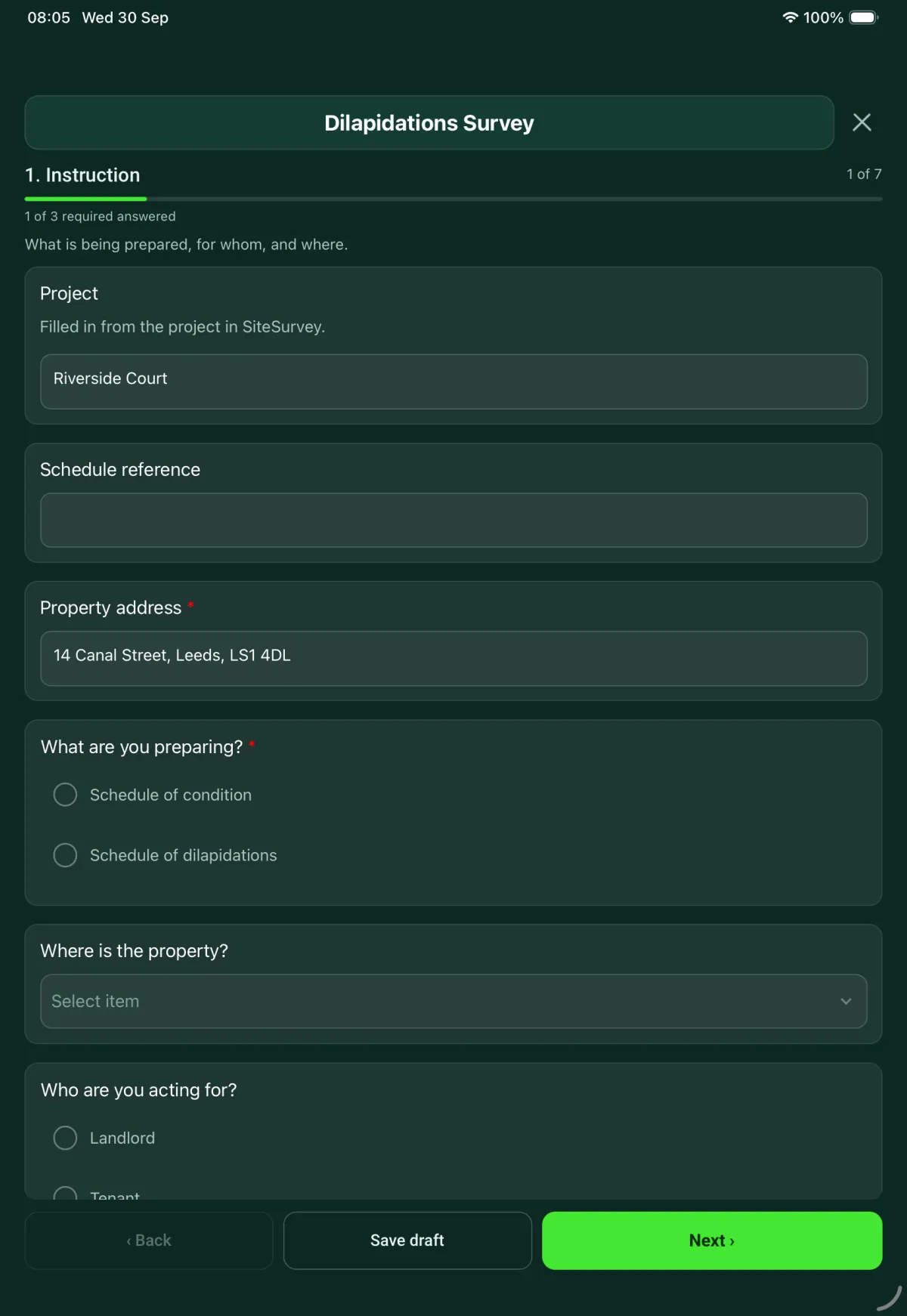 The Dilapidations Survey form in the SiteSurvey app on a tablet
