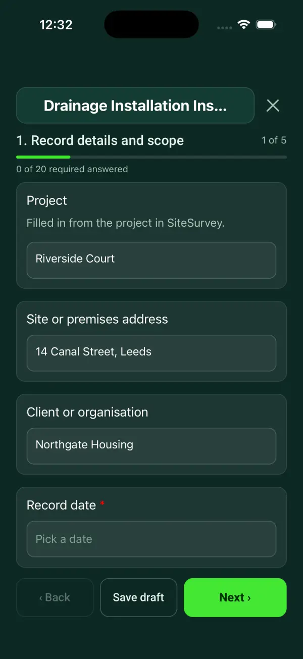 The Drainage Installation Inspection form in the SiteSurvey app on a phone