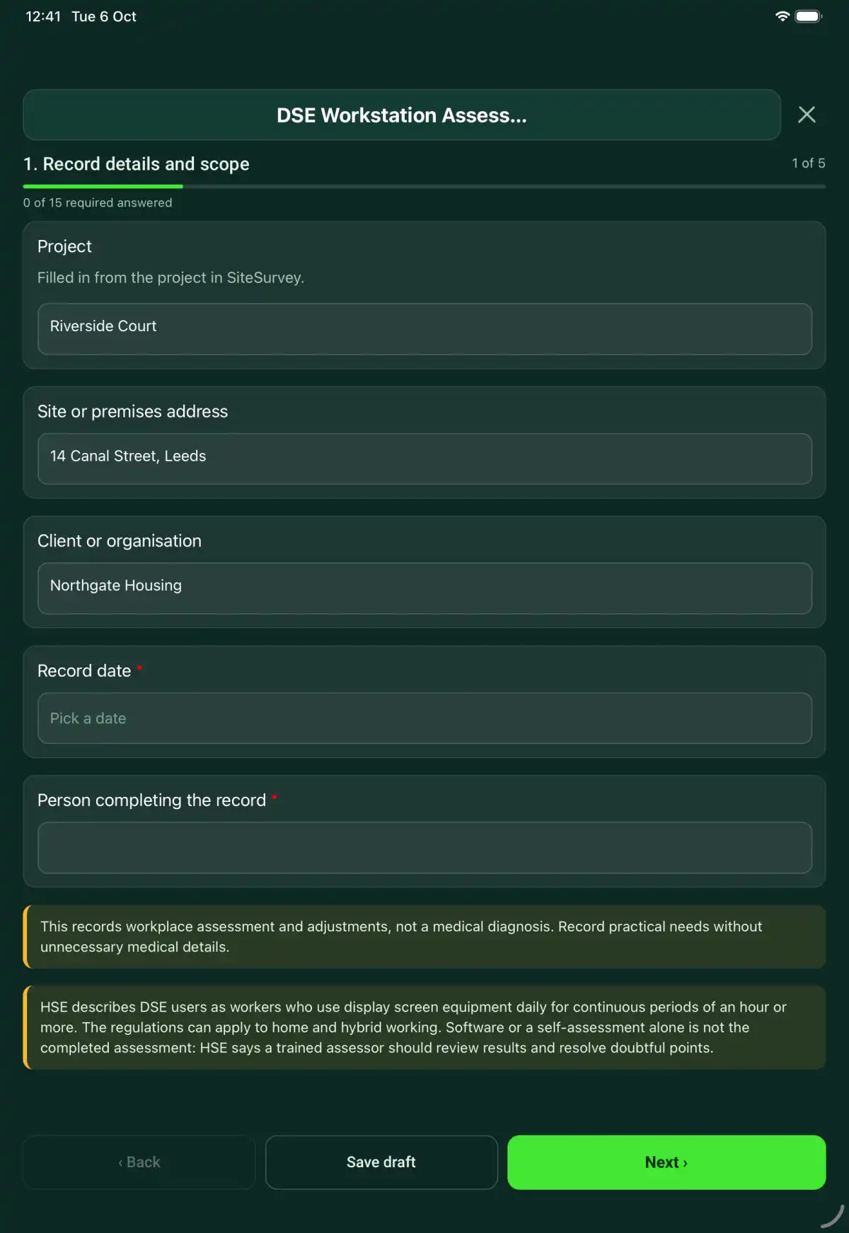 The DSE Workstation Assessment form in the SiteSurvey app on a tablet