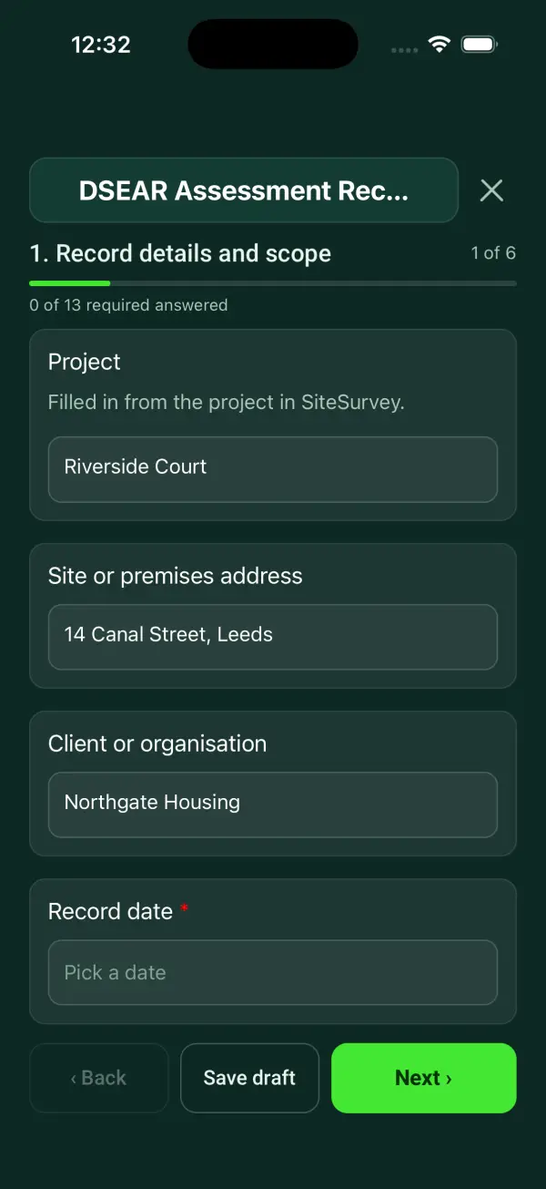 The DSEAR Assessment Record form in the SiteSurvey app on a phone
