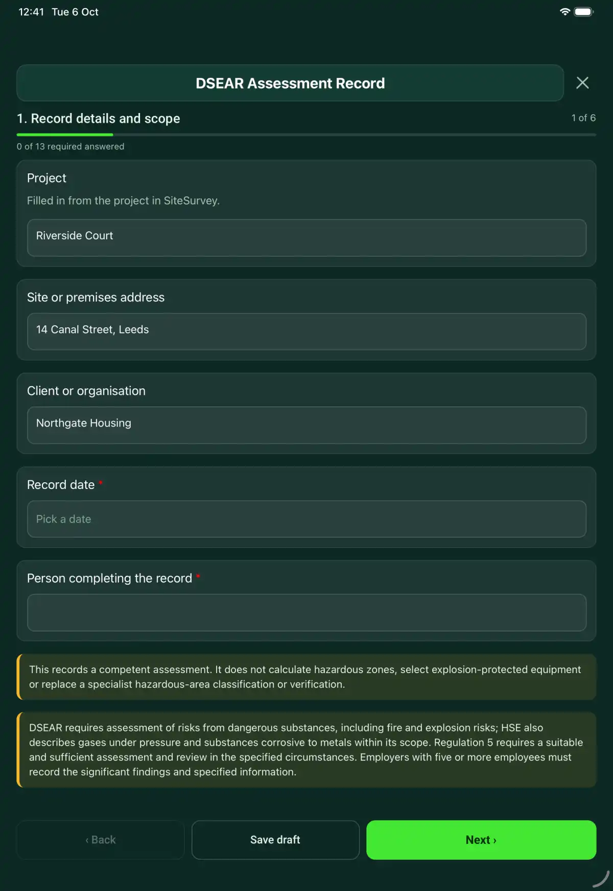 The DSEAR Assessment Record form in the SiteSurvey app on a tablet