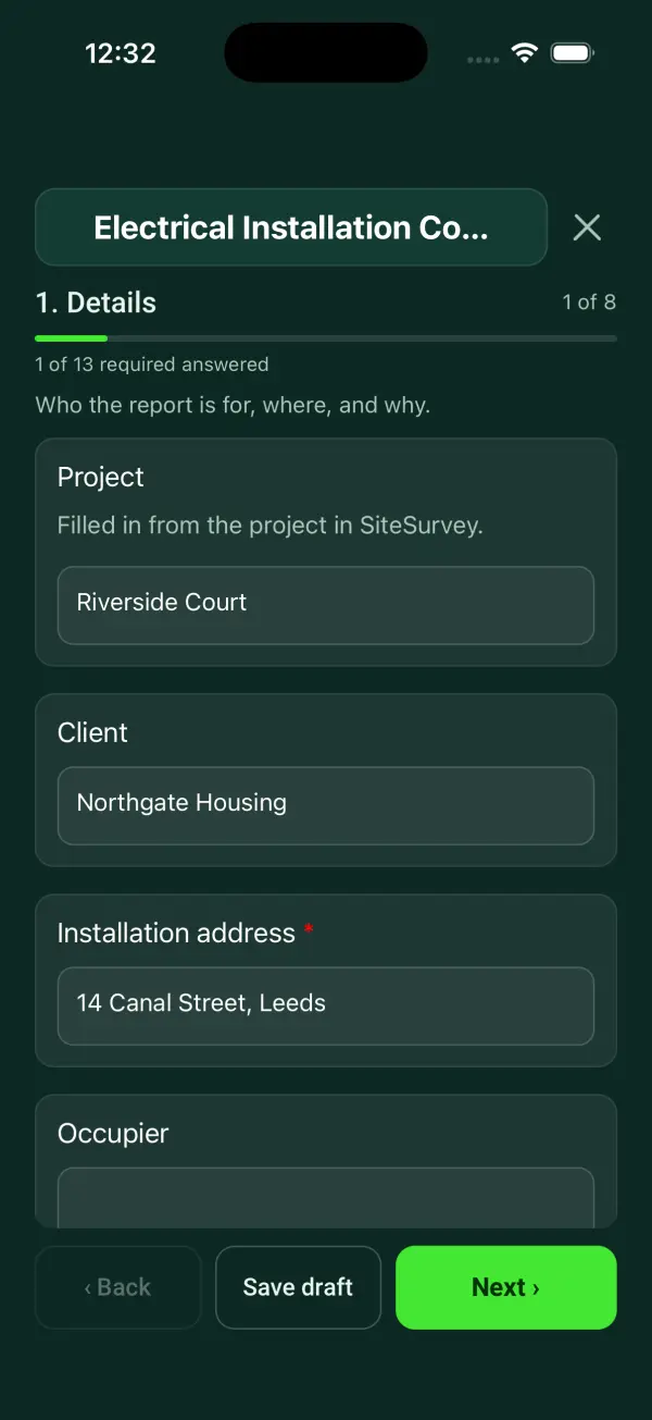 The Electrical Installation Condition Report form in the SiteSurvey app on a phone