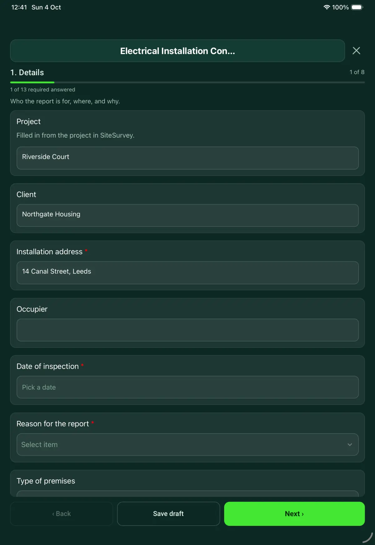 The Electrical Installation Condition Report form in the SiteSurvey app on a tablet