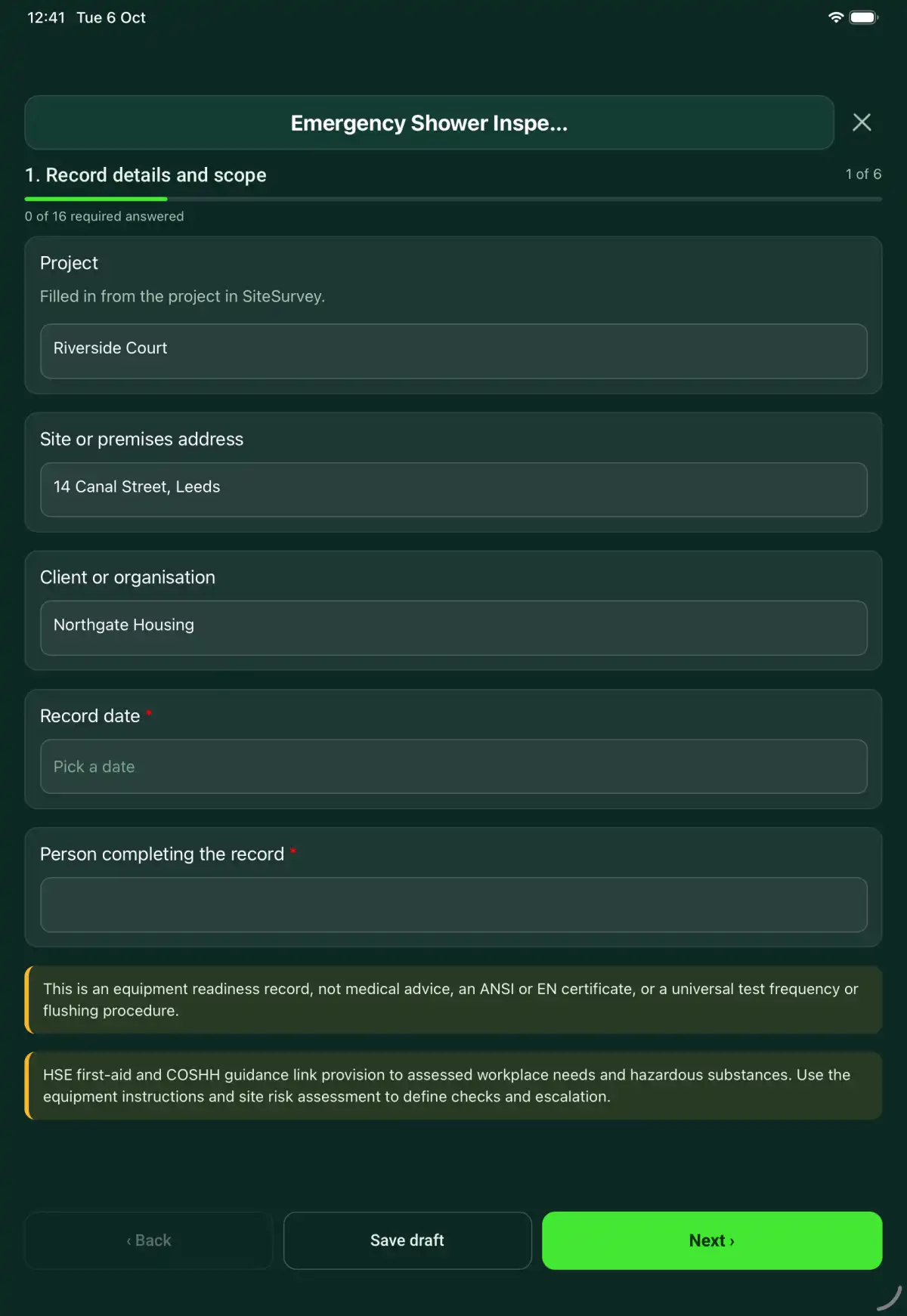 The Emergency Shower Inspection form in the SiteSurvey app on a tablet