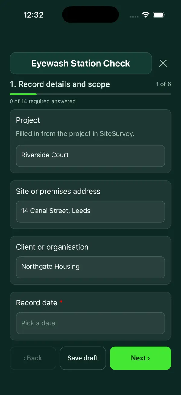 The Eyewash Station Check form in the SiteSurvey app on a phone
