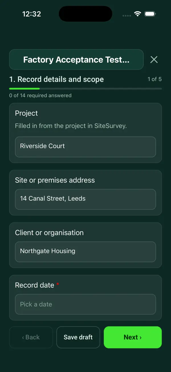 The Factory Acceptance Test Record form in the SiteSurvey app on a phone